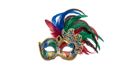 Vibrant Venetian masquerade mask with colorful feathers