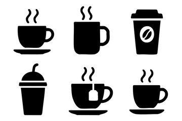 Obraz premium Coffee and tea silhouette icons set, hot drinks and cafe beverage symbols, black and white minimal vector illustration