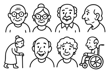 Elderly people and senior characters doodle icon set in black and white outline style