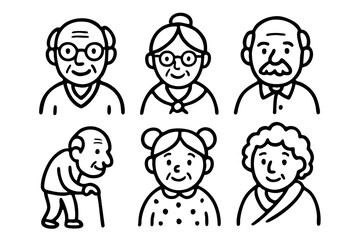Obraz premium Elderly people and senior characters doodle icon set in black and white outline style