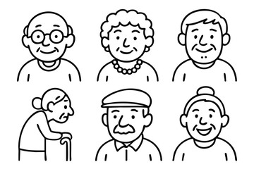 Elderly people and senior characters doodle icon set in black and white outline style