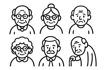 Elderly people and senior characters doodle icon set in black and white outline style