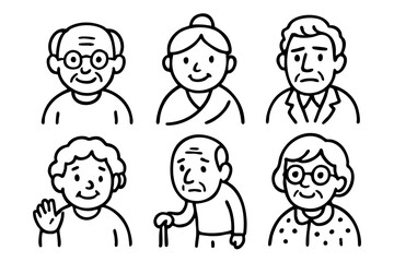 Elderly people and senior characters doodle icon set in black and white outline style