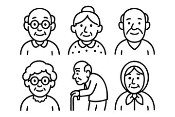 Elderly people and senior characters doodle icon set in black and white outline style