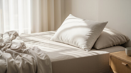 Cozy bedroom with unmade bed and sunlight streaming through curtains  