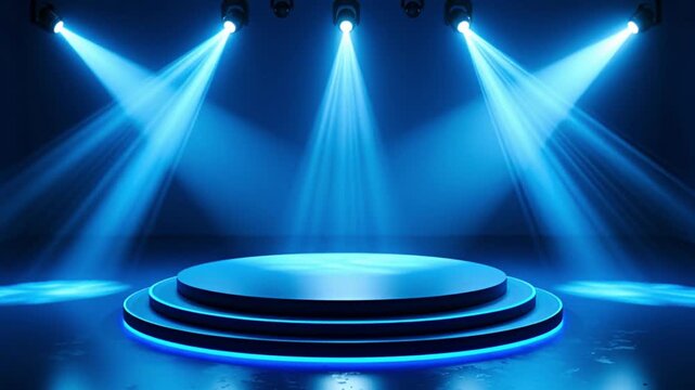 Dramatic blue spotlights illuminate an empty tiered stage in a dark studio setting
