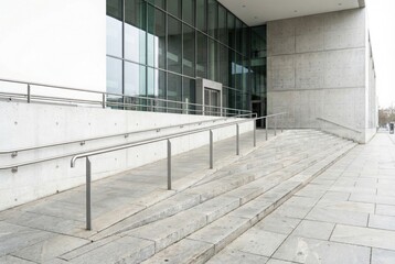 Concrete steps lead to glass entrance of modern building located in urban area during cloudy day with no people around