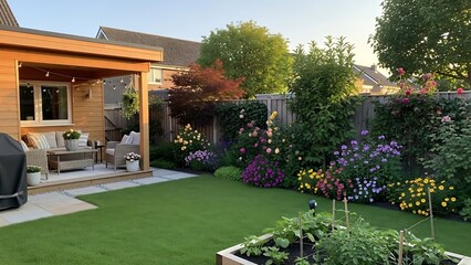 High Quality A charming suburban backyard with a lush green lawn, variety of plants, and a wooden extension of the house. Stock Photo for Commercial and Creative Use