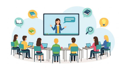 Obraz premium Students engaged in modern e-learning with teacher on screen