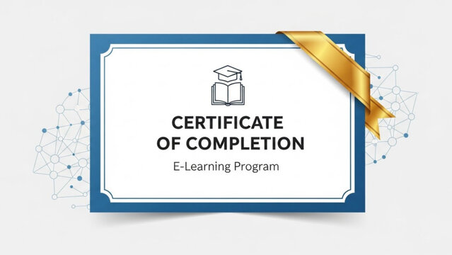 E-learning certificate of completion with gold seal and blue border