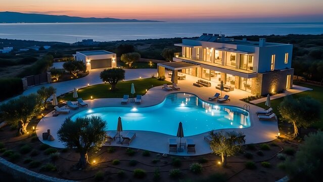 High Quality Aerial view of a modern villa with a stunning pool reflecting the twilight sky, the epitome of luxury living in Kalyves, Chania, Greece. Stock Photo for Commercial and Creative Use