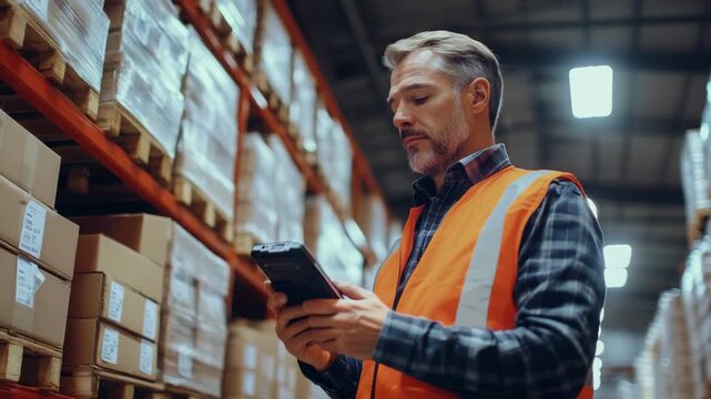 Warehouse Worker Checking Inventory with Tablet