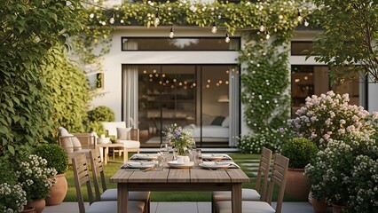 High Quality A cozy outdoor patio surrounded by greenery, featuring a dining table and a view of a stylish home. Perfect for relaxation and gatherings in nature Stock Photo for Commercial and