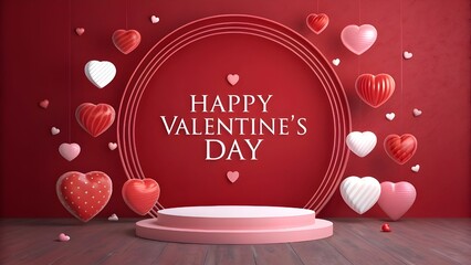 Valentine&rsquo;s Day Scene with Hanging Hearts and Pink Clouds