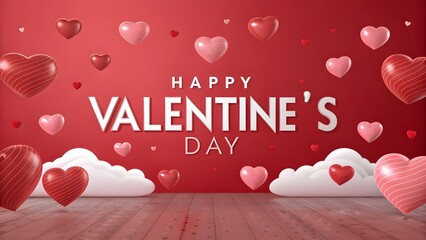 Valentine&rsquo;s Day Scene with Hanging Hearts and Pink Clouds