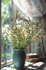 Summer sunny still life with a vase of daisies on the wooden window of an old house
