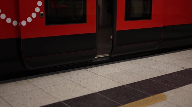 slow motion close up of subway train doors slowly closing creating a realistic urban commute scene with dynamic city atmosphere