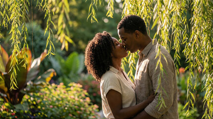 Romantic couple kissing under tree in nature