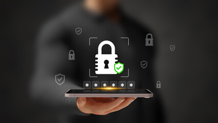 Cybersecurity Concept. Password Protection, Secure Login, Network Protection, Data Safety and Privacy Control. Businessman with Digital Password Protection Lock on Tablet Virtual Screen. 3D 