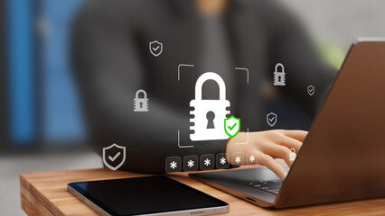 Cybersecurity Concept. Password Protection, Secure Login, Network Protection, Data Safety and Privacy Control. Businessman with Digital Password Protection Lock on a Computer. 3D 