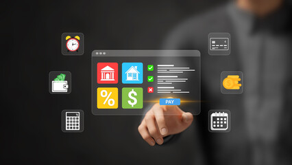 Subscription and Digital Payments Concept. Financial Management and Planning, Monthly Expenses, Loan, TAX, Savings, Mortgage, invoice, Bills. User Paying for Expenses on Virtual Screen. 3D
