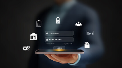Cybersecurity Concept. Secure Login, Data Protection, Online Safety, Online Banking and Payments, Digital Trust Assurance. User Logging Into Secure Account with Username and Password. 3D Illustration