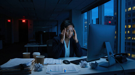 Exhausted businesswoman experiencing stress while working late at night