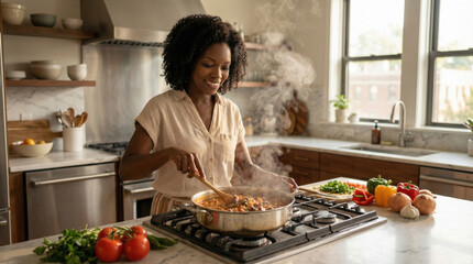 Woman cooking fresh homemade meal in modern kitchen
