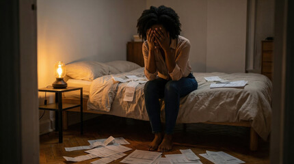 Worried woman overwhelmed by financial problems at night