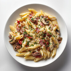 Creamy Penne Pasta with Bacon and Mushrooms - Top View created with Generative AI Technology, ai, generative