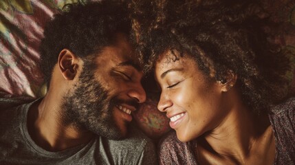 Couple enjoys morning together in bed talking and smiling on Valentine's Day