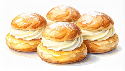 Fototapeta premium Watercolor painting of tasty vanilla cream puffs, Italian patisserie delight, sweet pastry dessert