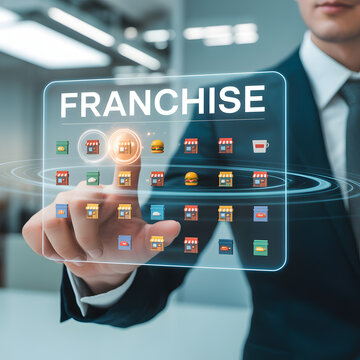 Business Professional Touching Transparent "FRANCHISE" Hologram with App Icons and Global Network Rings &mdash; Franchise Development, Brand Expansion and Multi‑Location Management Concept