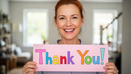 A smiling woman holding a colorful thank you sign in a bright living room