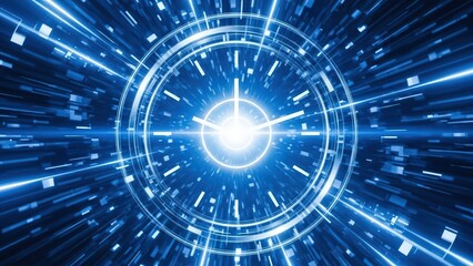Obraz premium A futuristic digital tunnel with a bright light at the center, surrounded by blue and white lines and shapes.