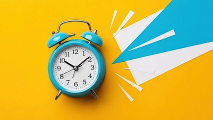 A blue alarm clock on a yellow background with a burst of white and blue paper
