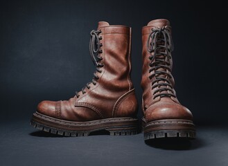 3d rendering of retro brown leather boots on a dark background. High vintage lace-up design with realistic scuffs and a worn-out look. Detailed heavy sole with tread patterns. Footwear concept.