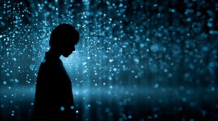 Human silhouette in dark space with floating particles expressing connection to technology and data in night setting
