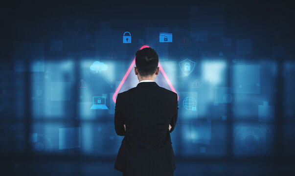 Cybersecurity threat alert protects data. Cyber security threat alert prevents access, alert warns breach, defends system, and cyber security threat alert identifies risk. Vouch - Powered by Adobe