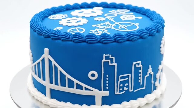 Blue birthday cake with ribbon and candle on celebration setup