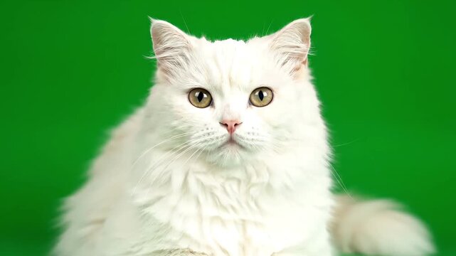 White Persian cat sitting on a green background