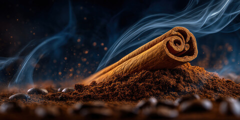 Cinnamon stick releasing fragrant smoke on coffee grounds