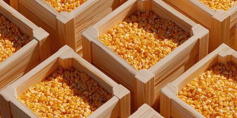Corn kernels filling wooden crates for harvest and storage