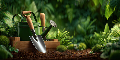 Gardening tools bucket shovel watering can on soil