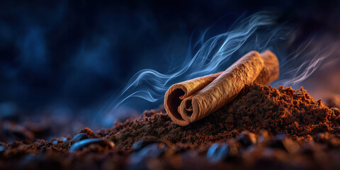 Cinnamon stick releasing fragrant smoke from ground powder