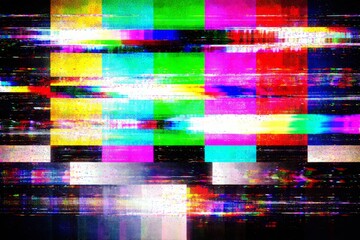 Abstract digital glitch background with distorted color bars, noisy scanlines, pixel blocks, and VHS-style television signal interference texture