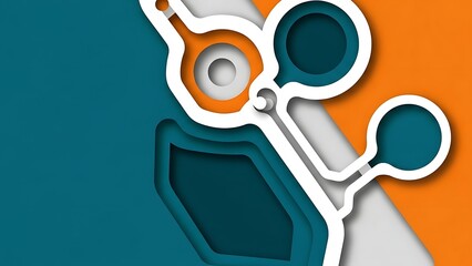 An abstract, modern background design featuring layered, geometric, paper-cut style shapes in teal, orange, white, and gray colors.