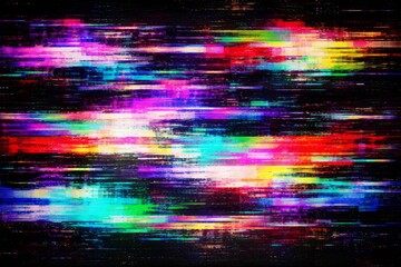 Vibrant multicolor digital glitch abstraction with horizontal streaks and distorted noise bands on dark background, futuristic cyber texture art