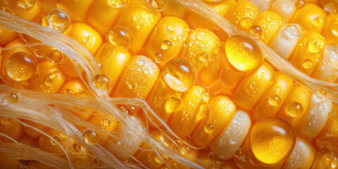 Fresh corn kernels with water drops and silk macro