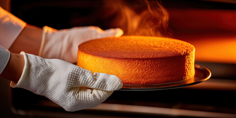 Chef baking cake removing hot oven
